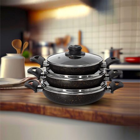 Dora Granitta 18 20 22 Cm 6 Parça Siyah Altın Kapaklı Omlet/sahan Tava Seti